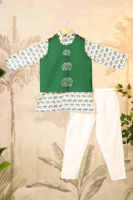 Buy_Cute Couture_Green Cotton Printed Elephant Block Jacket Set 