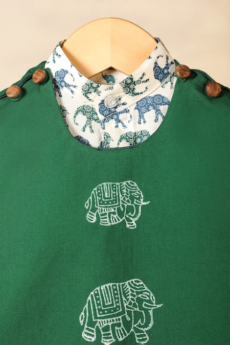 Shop_Cute Couture_Green Cotton Printed Elephant Block Jacket Set 