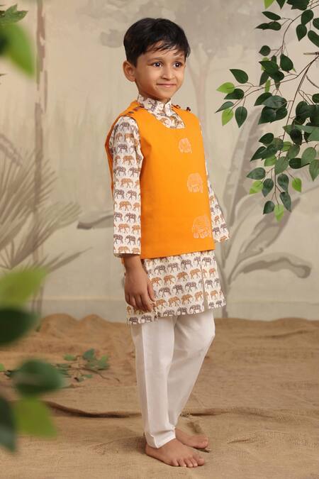 Buy_Cute Couture_Orange Cotton Printed Elephant Jacket With Kurta Set _Online_at_Aza_Fashions