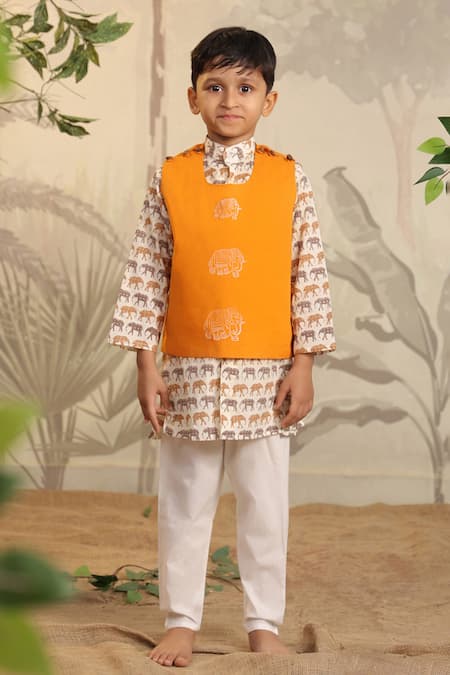 CUTE COUTURE Orange Cotton Printed Elephant Jacket With Kurta Set 
