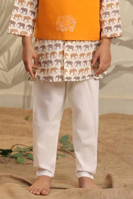 Shop_Cute Couture_Orange Cotton Printed Elephant Jacket With Kurta Set _Online_at_Aza_Fashions