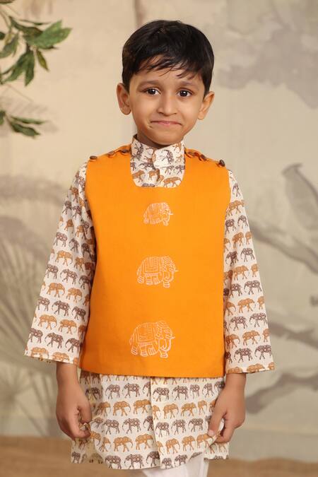 Cute Couture_Orange Cotton Printed Elephant Jacket With Kurta Set _at_Aza_Fashions