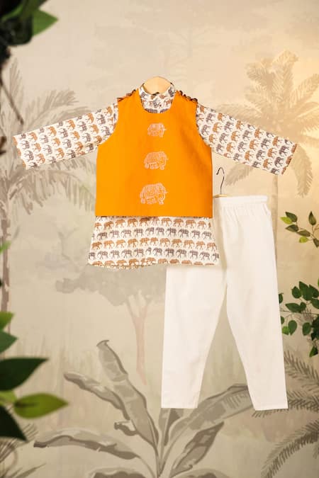 Buy_Cute Couture_Orange Cotton Printed Elephant Jacket With Kurta Set 
