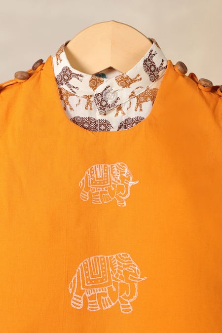 Shop_Cute Couture_Orange Cotton Printed Elephant Jacket With Kurta Set 