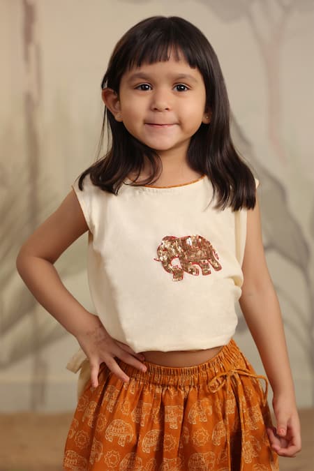 Shop Cute Couture Beige Cotton Printed Elephant Embroidered Top And Skirt Set Online at Aza Fashions Shop_Cute Couture_Beige Cotton Printed Elephant Embroidered Top And Skirt Set _Online_at_Aza_Fashions