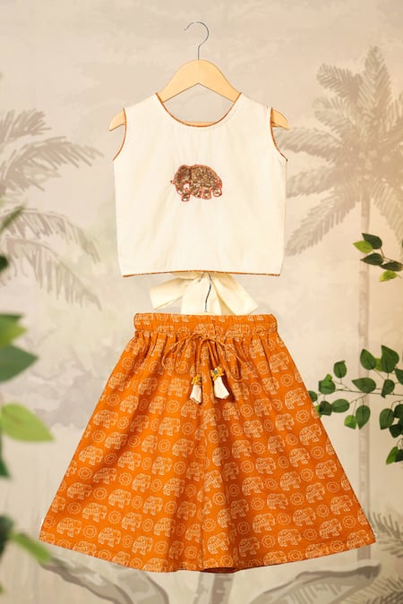 Cute Couture Beige Cotton Printed Elephant Embroidered Top And Skirt Set at Aza Fashions Cute Couture_Beige Cotton Printed Elephant Embroidered Top And Skirt Set _at_Aza_Fashions