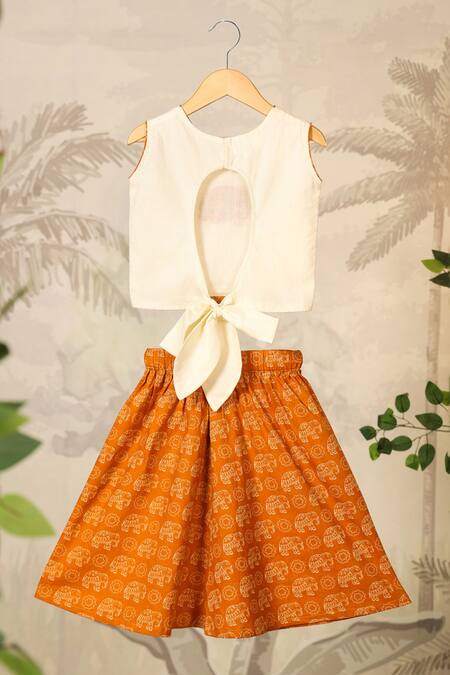 Buy Cute Couture Beige Cotton Printed Elephant Embroidered Top And Skirt Set Buy_Cute Couture_Beige Cotton Printed Elephant Embroidered Top And Skirt Set