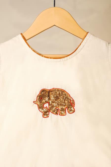Shop Cute Couture Beige Cotton Printed Elephant Embroidered Top And Skirt Set Shop_Cute Couture_Beige Cotton Printed Elephant Embroidered Top And Skirt Set