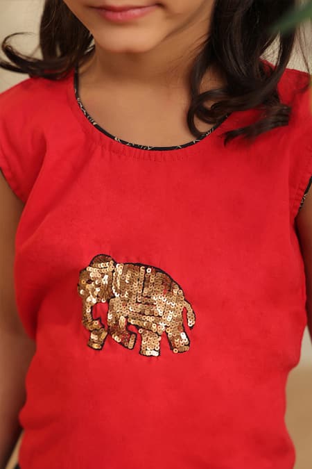 Shop_Cute Couture_Red Cotton Printed Elephant Skirt With Top _Online_at_Aza_Fashions