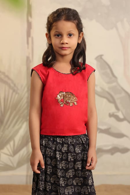Cute Couture_Red Cotton Printed Elephant Skirt With Top _at_Aza_Fashions