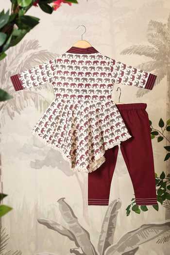 Shop_Cute Couture_Wine Cotton Asymmetric Elephant Print Top With Pant _Online_at_Aza_Fashions