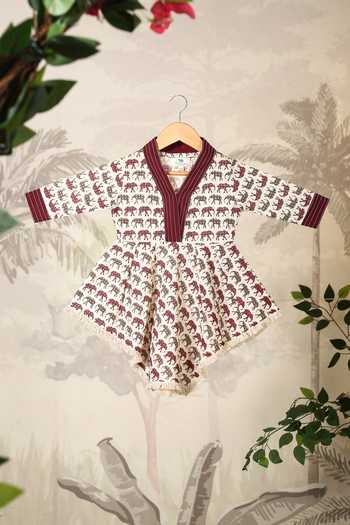 Cute Couture_Wine Cotton Asymmetric Elephant Print Top With Pant _at_Aza_Fashions