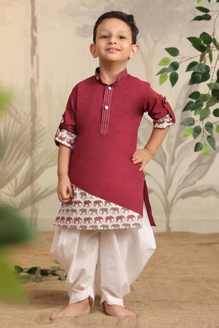 Shop Cute Couture Wine Cotton Printed Elephant Side Panelled Kurta And Pant Set at Aza Fashions Shop_Cute Couture_Wine Cotton Printed Elephant Side Panelled Kurta And Pant Set _at_Aza_Fashions