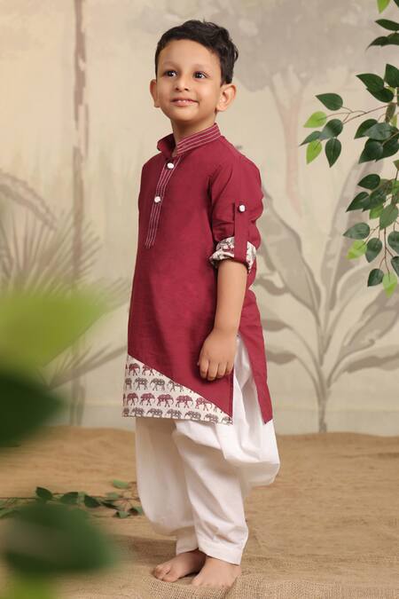 Shop Cute Couture Wine Cotton Printed Elephant Side Panelled Kurta And Pant Set Online at Aza Fashions Shop_Cute Couture_Wine Cotton Printed Elephant Side Panelled Kurta And Pant Set _Online_at_Aza_Fashions