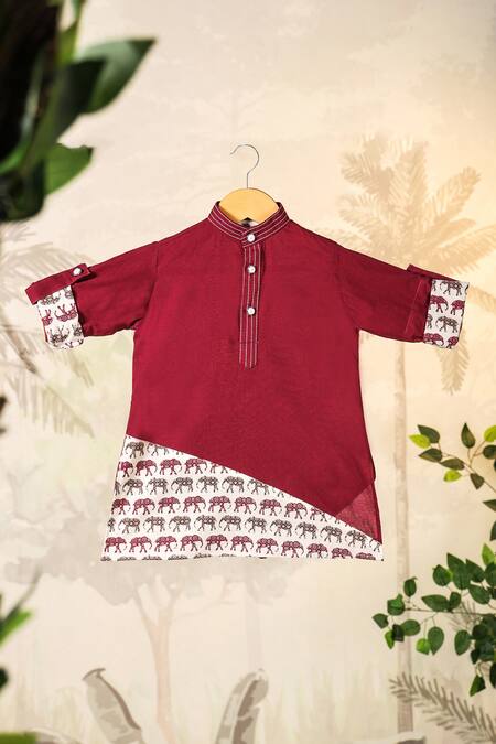 Shop Cute Couture Wine Cotton Printed Elephant Side Panelled Kurta And Pant Set Shop_Cute Couture_Wine Cotton Printed Elephant Side Panelled Kurta And Pant Set