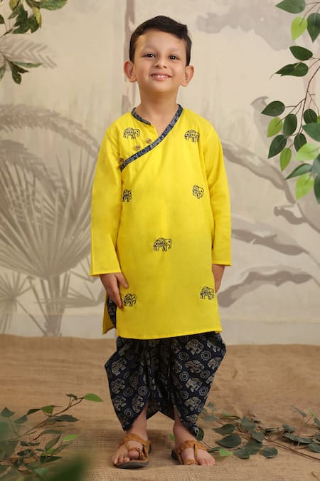Cute Couture_Yellow Cotton Hand Embroidered Thread Kurta Set _Online_at_Aza_Fashions