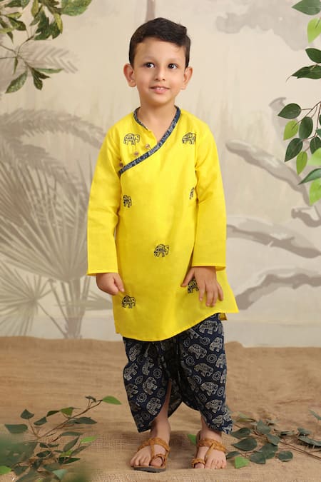 CUTE COUTURE Yellow Cotton Hand Embroidered Thread Kurta With Dhoti Pant 