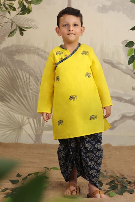 Buy_Cute Couture_Yellow Cotton Hand Embroidered Thread Kurta Set _Online_at_Aza_Fashions