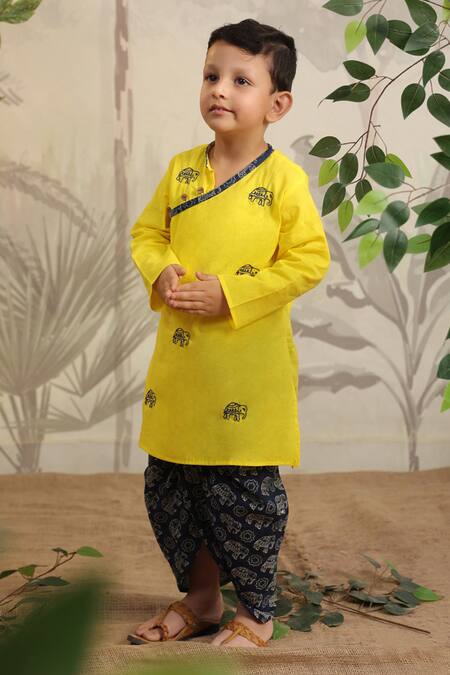 Shop_Cute Couture_Yellow Cotton Hand Embroidered Thread Kurta Set _Online_at_Aza_Fashions