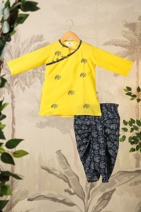 Cute Couture_Yellow Cotton Hand Embroidered Thread Kurta Set _at_Aza_Fashions