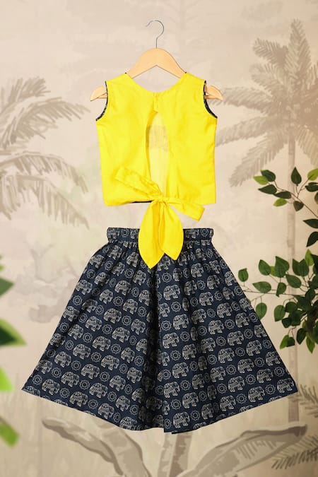 Cute Couture_Yellow Cotton Printed Elephant Motif Skirt With Top _Online_at_Aza_Fashions