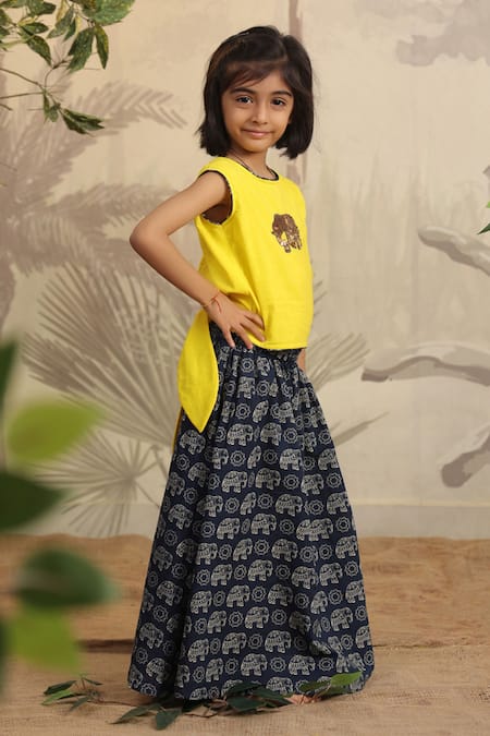 Shop_Cute Couture_Yellow Cotton Printed Elephant Motif Skirt With Top _Online_at_Aza_Fashions