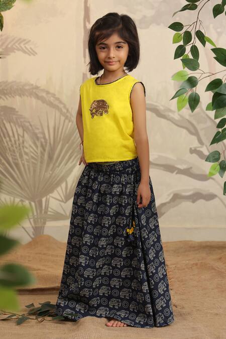 Cute Couture_Yellow Cotton Printed Elephant Motif Skirt With Top _at_Aza_Fashions