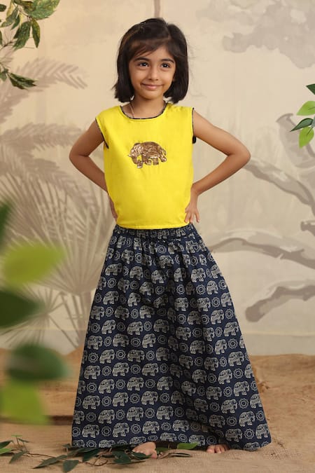 Shop_Cute Couture_Yellow Cotton Printed Elephant Motif Skirt With Top 