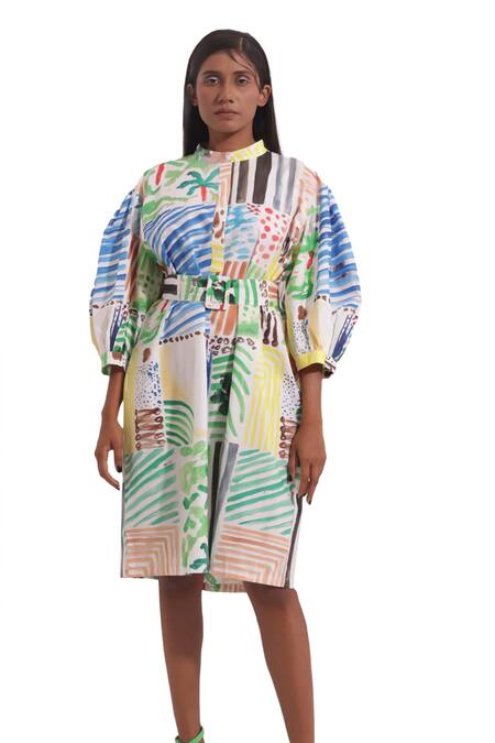 Buy Pop Sugar Multi Color Cotton Buckles Round Neck Abstract Art Print Short Dress Online at Aza Fashions Buy_Pop Sugar_Multi Color Cotton Buckles Round Neck Abstract Art Print Short Dress _Online_at_Aza_Fashions