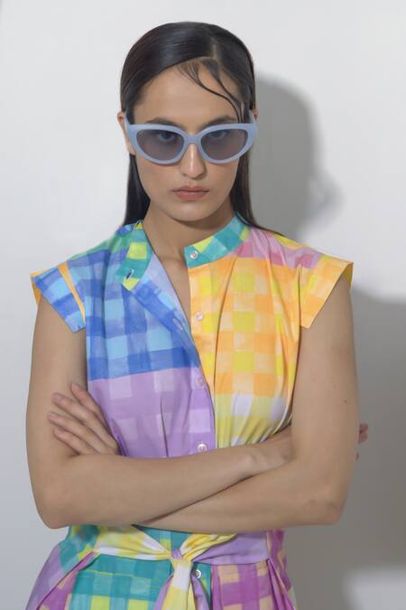 Shop Pop Sugar Multi Color Cotton Round Neck Vibrant Checked Top With Pant Online at Aza Fashions Shop_Pop Sugar_Multi Color Cotton Round Neck Vibrant Checked Top With Pant _Online_at_Aza_Fashions
