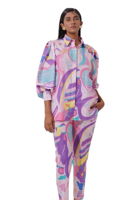 Pop Sugar_Multi Color Cotton Beads Collared Pop Sugar Abstract Print Shirt With Pant _at_Aza_Fashions
