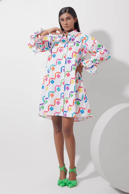 Pop Sugar Multi Color 100% Cotton Printed Floral Collar Art Shirt Dress 