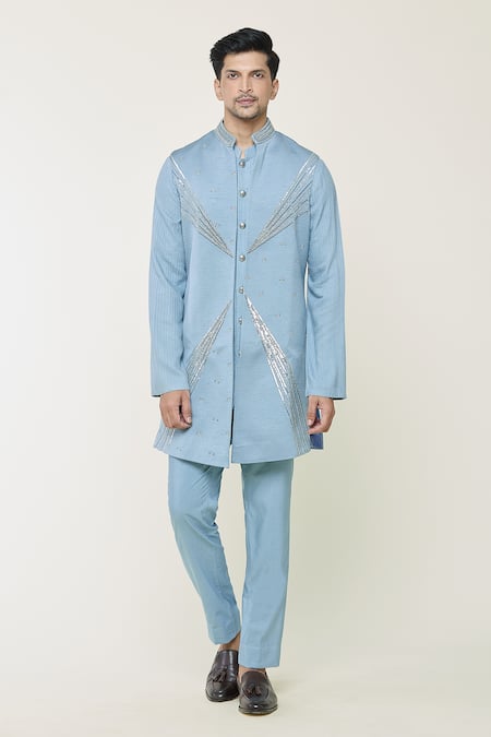 Contrast By Parth Blue Jacquard Cutdana, Geometric, Ethereal Embroidered Jacket And Kurta Set