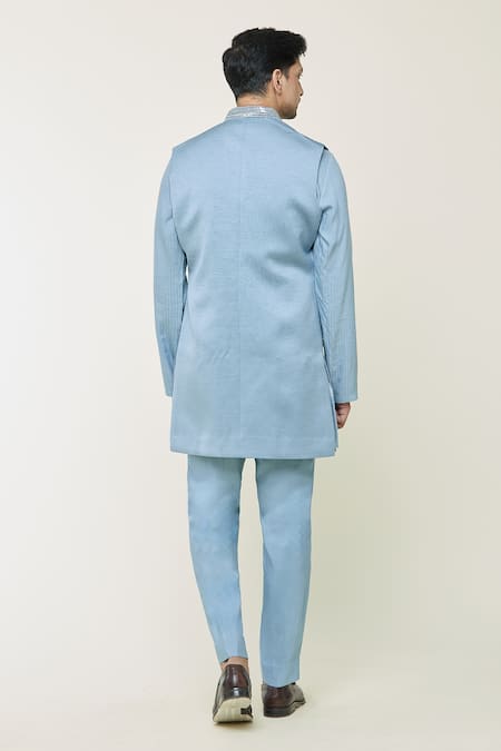 Shop_Contrast By Parth_Blue Jacquard Cutdana, Geometric, Ethereal Embroidered Jacket And Kurta Set _at_Aza_Fashions