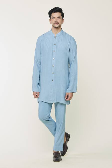 Buy_Contrast By Parth_Blue Jacquard Cutdana, Geometric, Ethereal Embroidered Jacket And Kurta Set _Online_at_Aza_Fashions