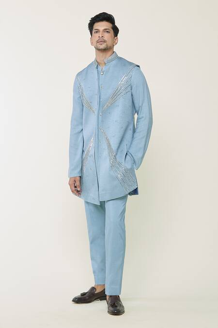 Shop_Contrast By Parth_Blue Jacquard Cutdana, Geometric, Ethereal Embroidered Jacket And Kurta Set _Online_at_Aza_Fashions
