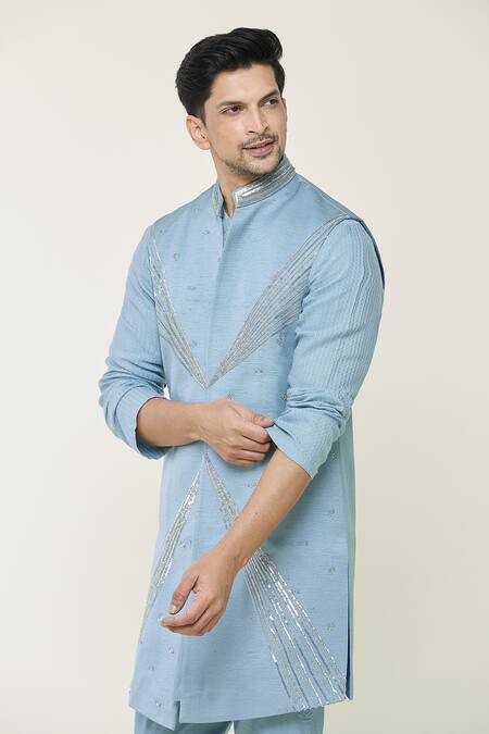 Buy_Contrast By Parth_Blue Jacquard Cutdana, Geometric, Ethereal Embroidered Jacket And Kurta Set 