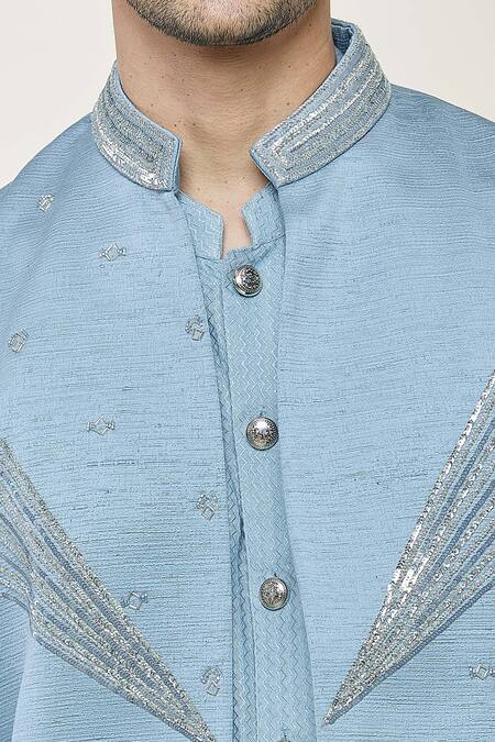 Shop_Contrast By Parth_Blue Jacquard Cutdana, Geometric, Ethereal Embroidered Jacket And Kurta Set 