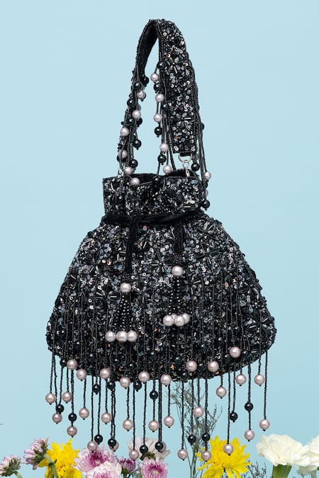 EENA Black Pearl And Crystal Embellished Potli Bag 