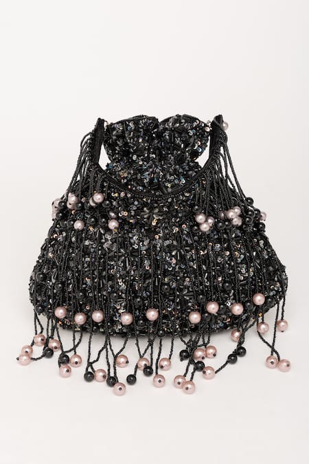 Eena_Black Pearl And Crystal Embellished Potli Bag _Online_at_Aza_Fashions