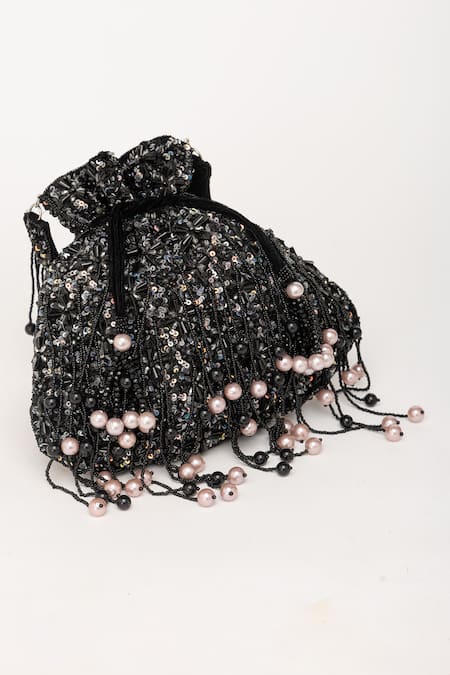 Shop_Eena_Black Pearl And Crystal Embellished Potli Bag _Online_at_Aza_Fashions