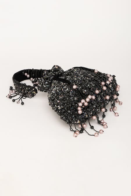 Eena_Black Pearl And Crystal Embellished Potli Bag _at_Aza_Fashions