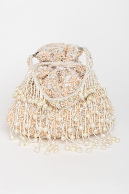 Eena_Beige Crystals, Pearls, Beads And Embellished Potli Bag _Online_at_Aza_Fashions