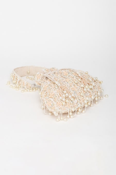 Eena_Beige Crystals, Pearls, Beads And Embellished Potli Bag _at_Aza_Fashions