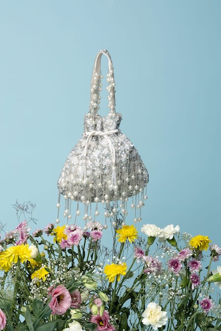 EENA Silver Pearl Tasseled Crystal Embellished Potli Bag 