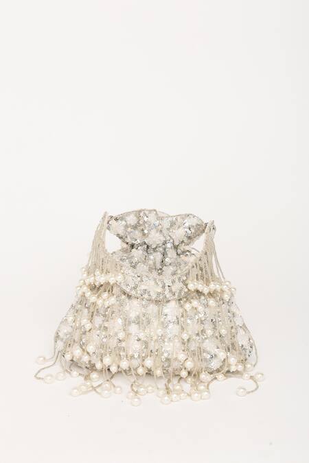 Eena_Silver Pearl Tasseled Crystal Embellished Potli Bag _Online_at_Aza_Fashions