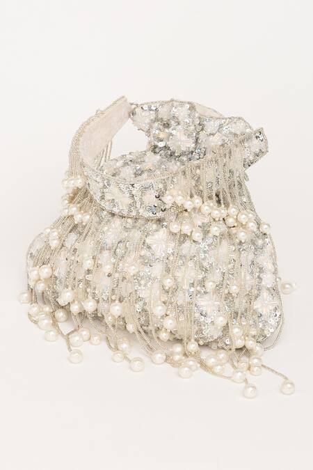 Buy_Eena_Silver Pearl Tasseled Crystal Embellished Potli Bag _Online_at_Aza_Fashions