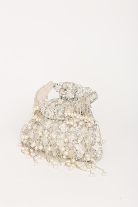 Shop_Eena_Silver Pearl Tasseled Crystal Embellished Potli Bag _Online_at_Aza_Fashions