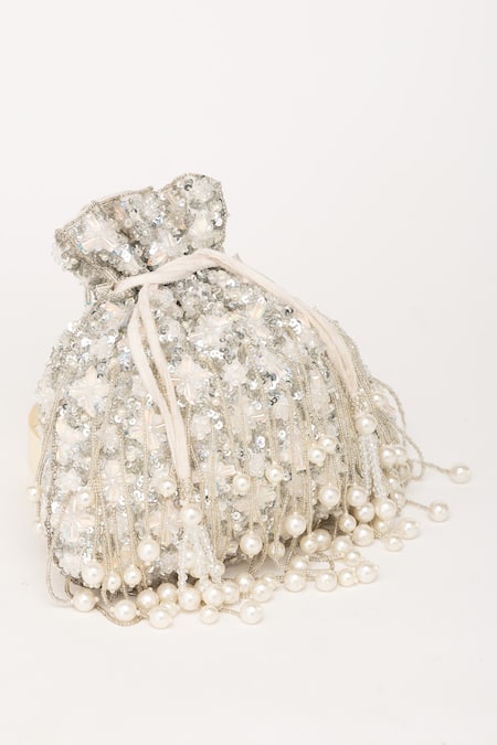 Eena_Silver Pearl Tasseled Crystal Embellished Potli Bag _at_Aza_Fashions