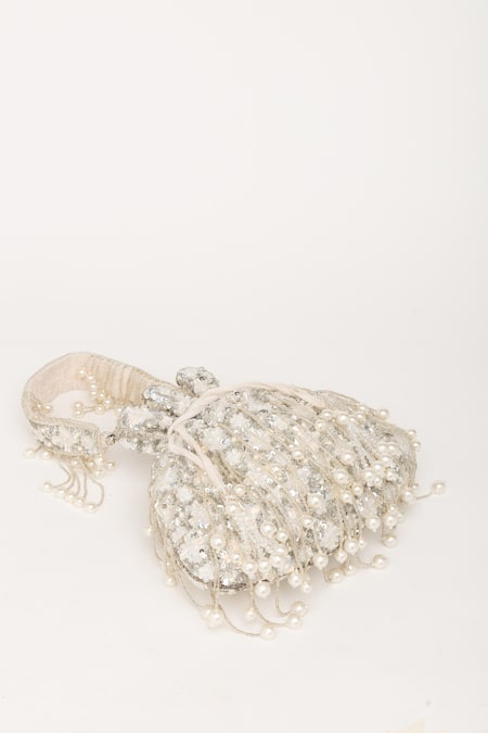 Buy_Eena_Silver Pearl Tasseled Crystal Embellished Potli Bag 